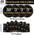 Qyeahkj 48Pcs 50th Birthday Paper Plates and Napkins Black and Gold Happy - Image 2