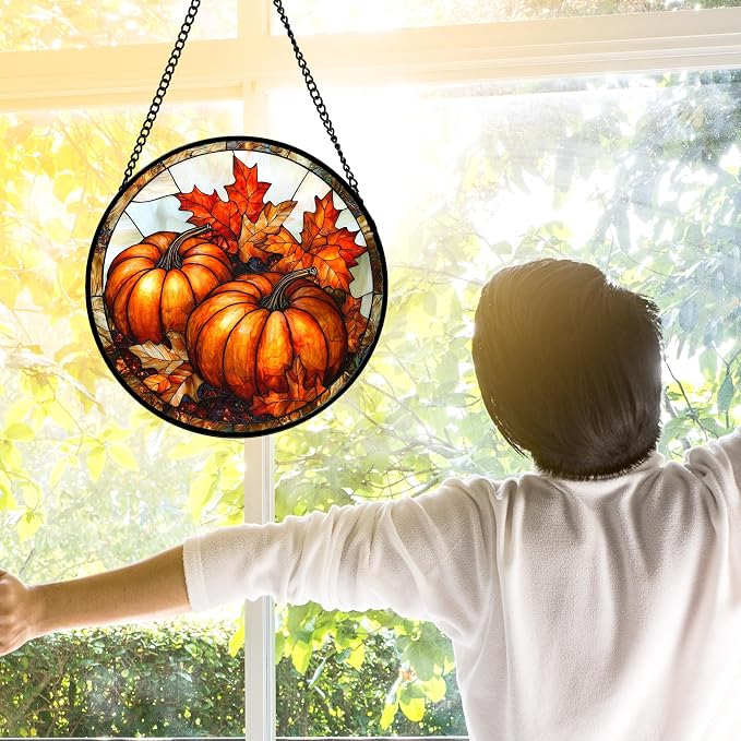 DASTOLL Stained Glass Window Hanging, Pumpkin Maple Leaf Suncatcher - Image 3