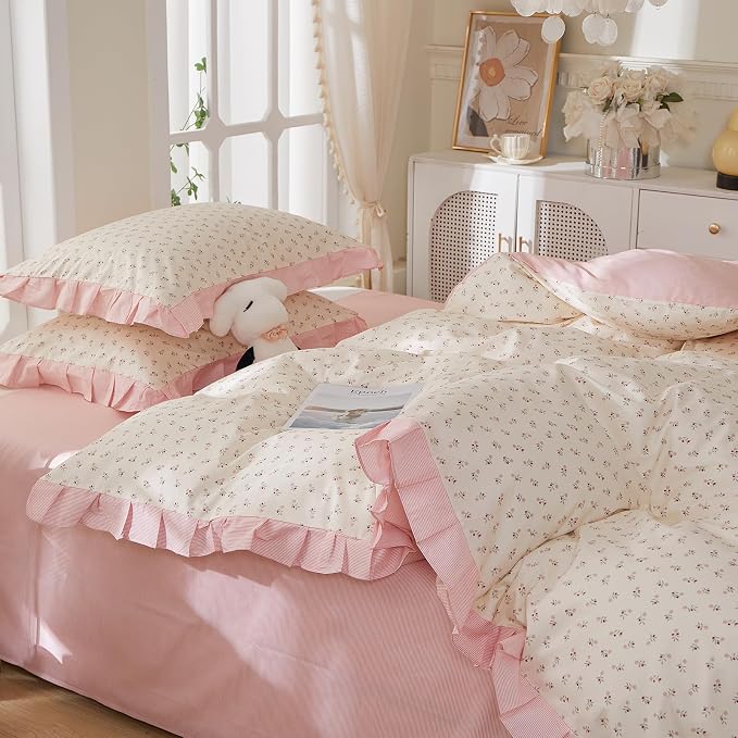 mixinni Pink Floral Duvet Cover Set Queen Size – 100% Cotton Ruffle Lace Bedding - Image 7