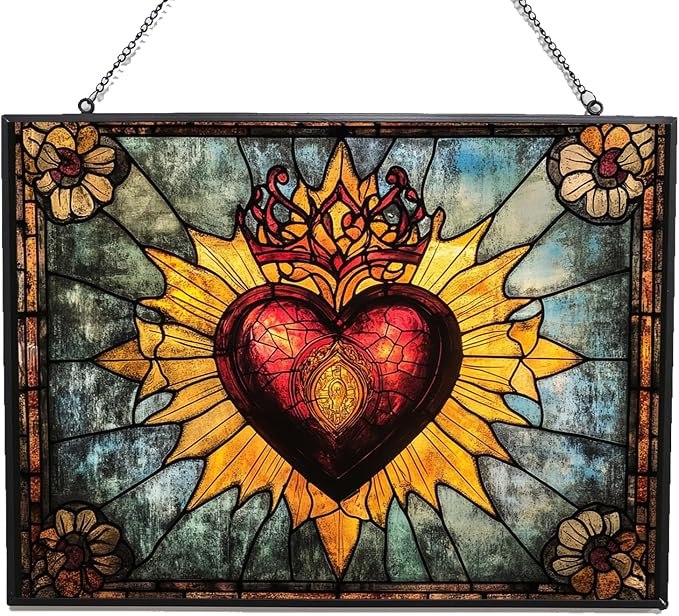 Rectangle Stained Glass Suncatcher, Vintage Sacred Heart Sun Catcher Stain by 365CUSGIFTS