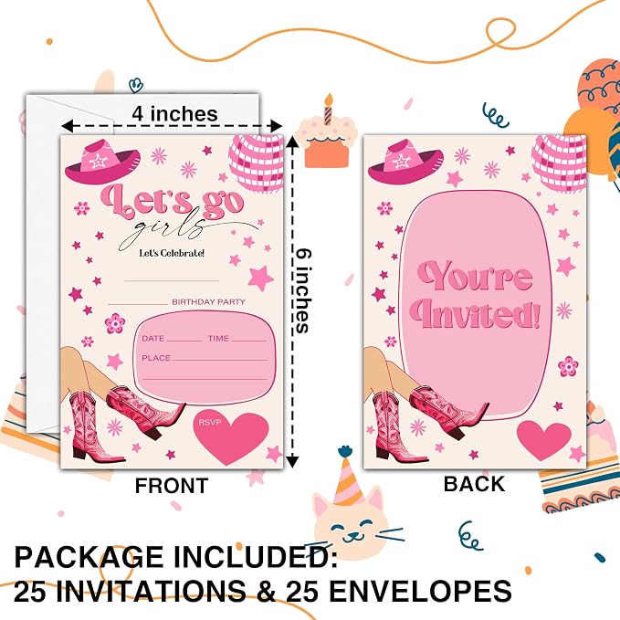 Cowgirl Birthday Invitations, 25 Double-Sided Invitation Cards - Image 2