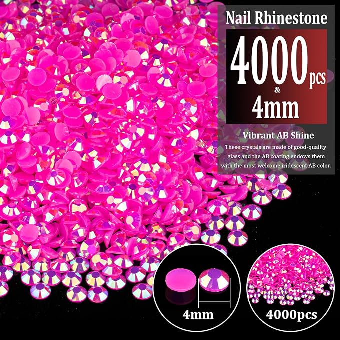 4000pcs 4mm Resin Rhinestones Bulk, Hot Pink AB Flatback Round Jelly - Image 2
