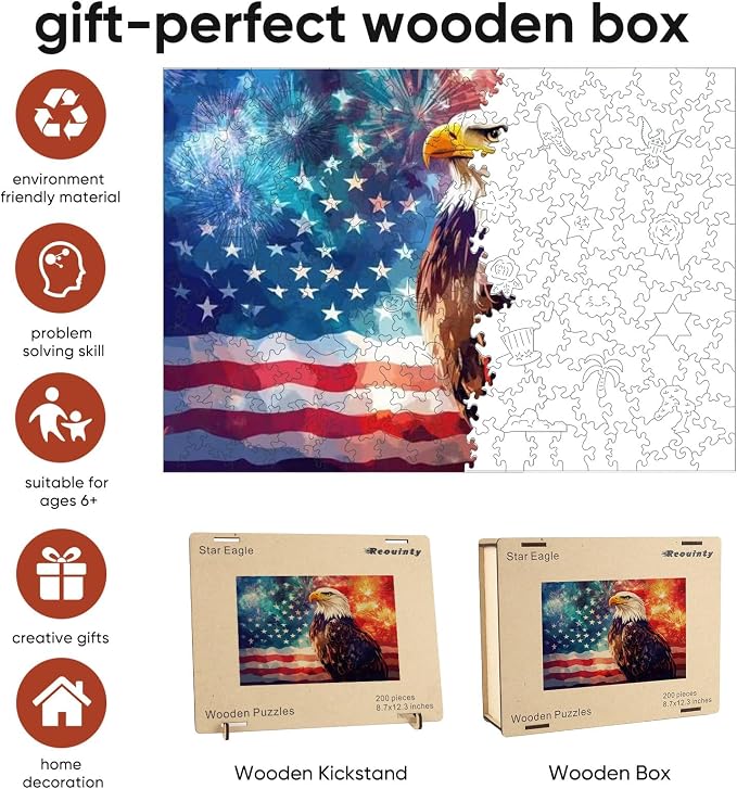 Reouinty Wooden Puzzles for Adults, Firework Eagle Jigsaw Puzzle, Wood Puzzles - Image 4