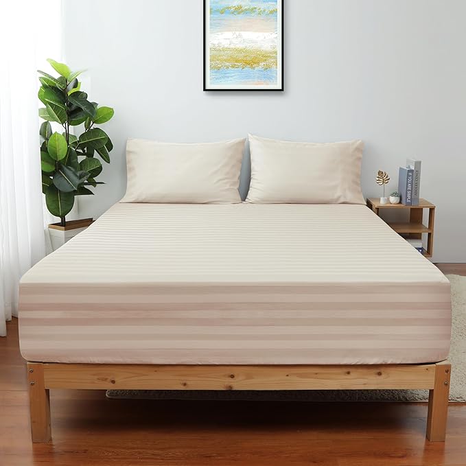California King Size Striped Fitted Sheet Only Beige Color, 100% Egyptian - Image 2