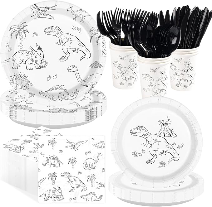 168 Pcs Black Line Art Dinosaur Party Decorations, Serves 24 | Black White Dino by Greencian