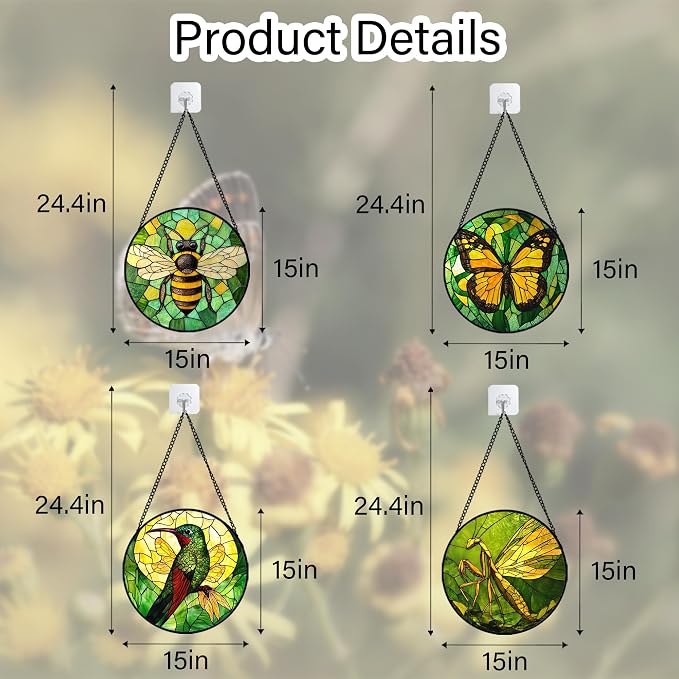 DASTOLL Stained Glass Window Hanging 4 Pcs Set Green Plants Yellow Insect Theme - Image 6