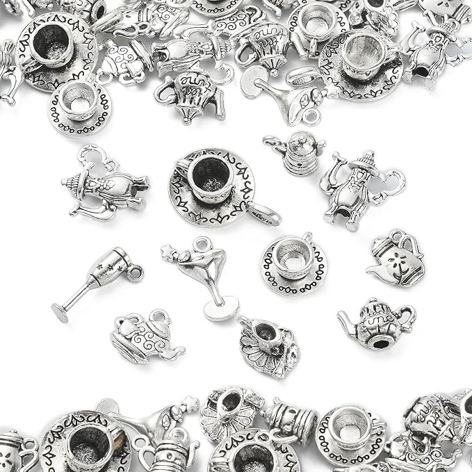 DanLingJewelry 100Pcs 10 Styles Antique Silver Afternoon Tea Theme Charms Tea - Image 8