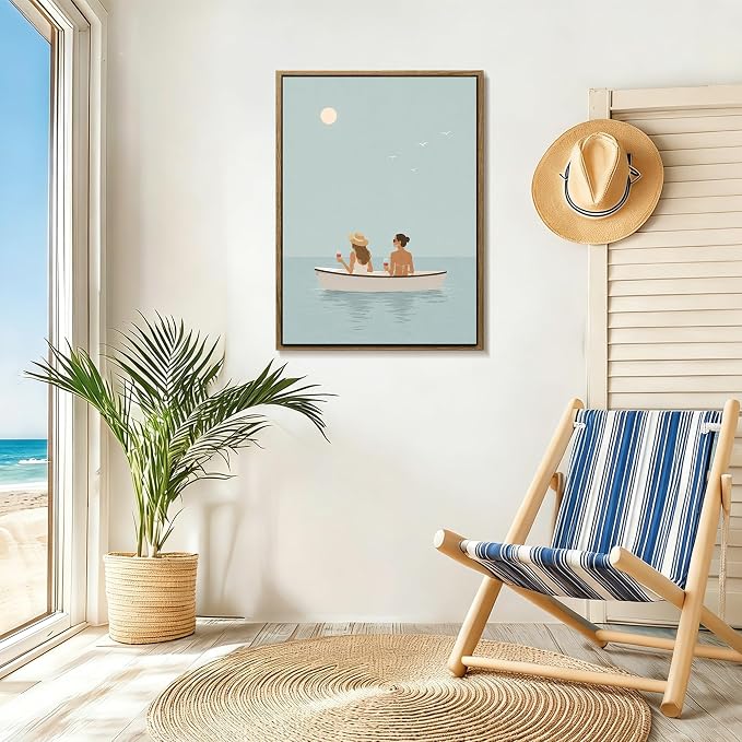 Framed Coastal Women Boat Canvas Wall Art Minimalist Calm Ocean - Image 3