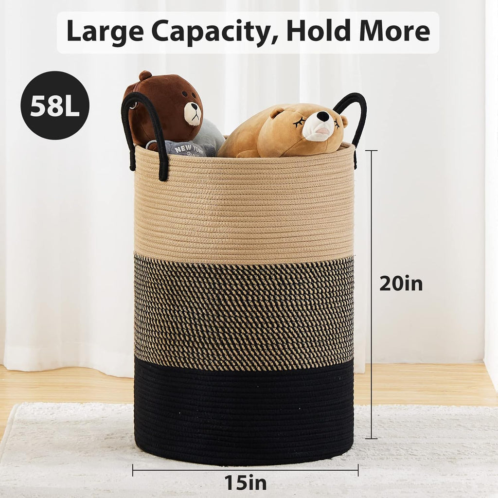 Fiona's magic 58L Large Woven Laundry Hamper, Tall Cotton Rope Laundry Basket, Boho Storage Basket for Blankets, Toys and Clothes Hamper for Bedroom and Living Room Organizing, Brown & Black
