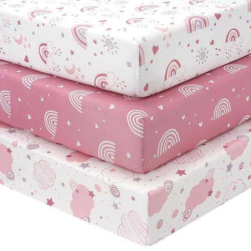 Baby Mini Crib Sheets Girl, Portable 38”x26” Pack and Play Sheets Fitted by FIEMOL