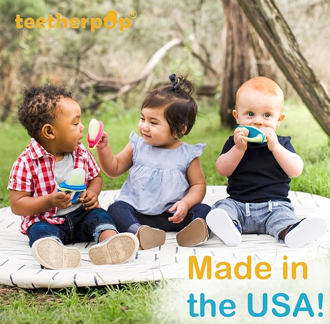 Teetherpop Fillable Silicone Teether for Babies – Breastmilk Popsicle Molds for Teething with Spill-Proof Sippy Slits – Freezable Baby Teethers for Liquids & Purées - Cooling Relief (4-Pack-Blues)