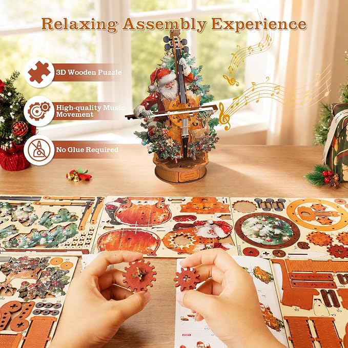 3D Wooden Puzzles for Adults, Christmas Cello Music Box, DIY Cello Model Kit - Image 5