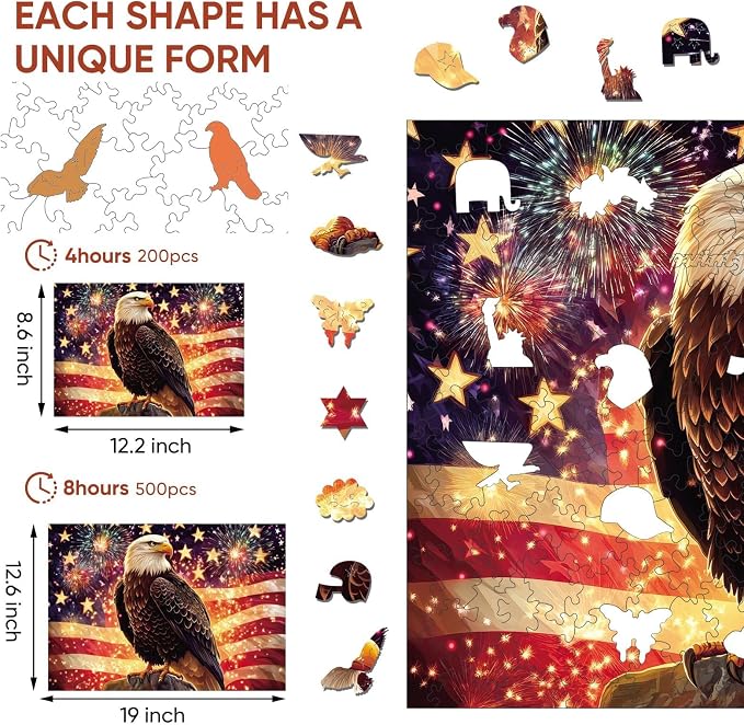 Reouinty Wooden Jigsaw Puzzle for Adults, Eagle Flag Wood Puzzles for Patriot - Image 4