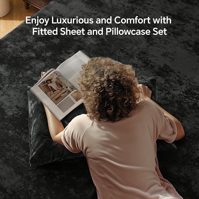 BEDELITE Velvet Fitted Sheet and Pillowcases Set, Luxury Soft Fuzzy Bottom Sheet - Image 2
