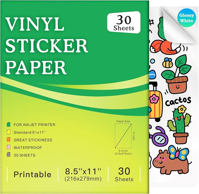 Aevdor 30-Sheet Glossy White Printable Vinyl Sticker Paper, Inkjet | Glossy by Aevdor