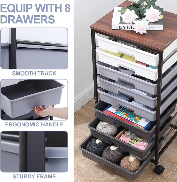 SYKIARIOL Rolling Cart with Drawers, Utility Cart With 8 Drawers and Wooden - Image 3