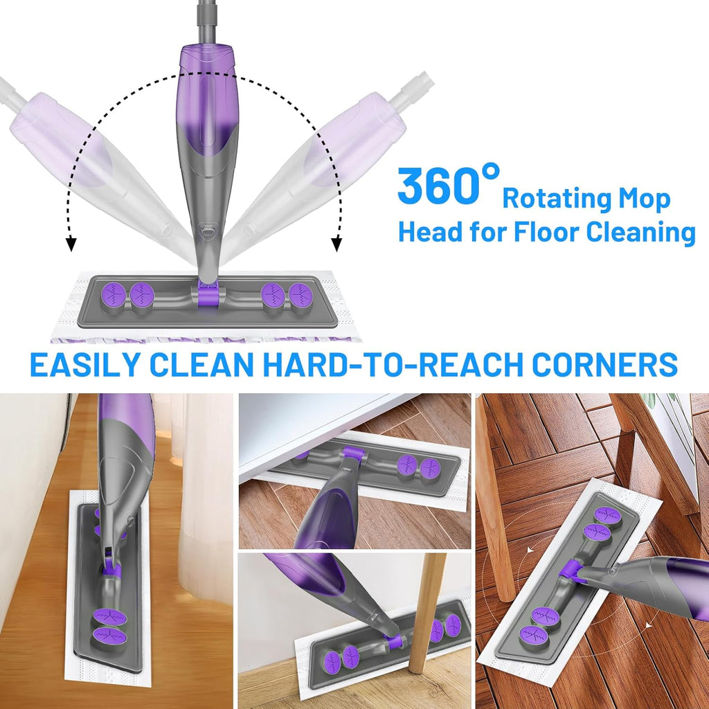 Spray Mops for Floor Cleaning - Wet Dry Mops with 6 Disposable Pads for Swiffer Powermop - Refillable Bottle for Hardwood Tile Home Kitchen - Absorbs Pet Hair Dust Stains