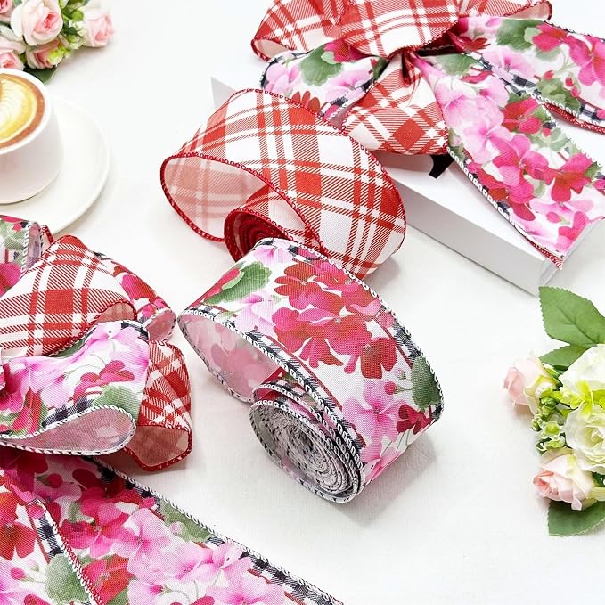 2 Rolls Red Floral Wired Ribbon, 2.5 Inch x 10 Yards Each, Vintage Red Pink - Image 6