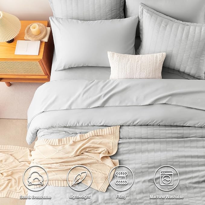 CozyLux Full Bed in a Bag Light Grey Seersucker Textured Comforter Set - Image 2