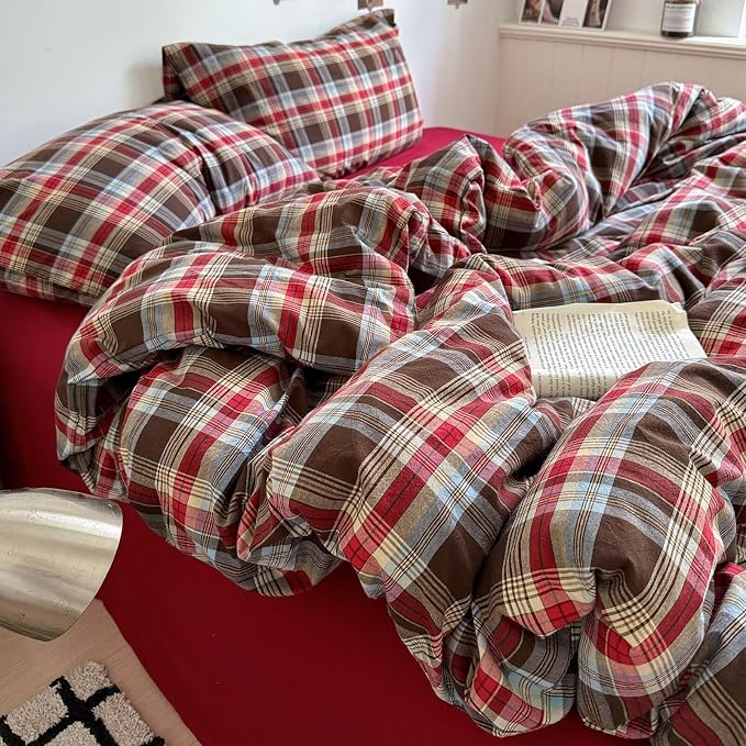 mixinni Vintage Red & Brown Buffalo Plaid Duvet Cover Set Twin XL Size - Image 8