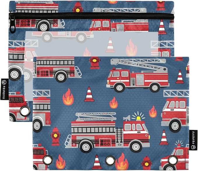 Fire Trucks Pencil Pouch for 3 Ring Binder, 2 Pack Waterproof Pencil Bags Clear by BOENLE-WELCOMEYOURCOMING