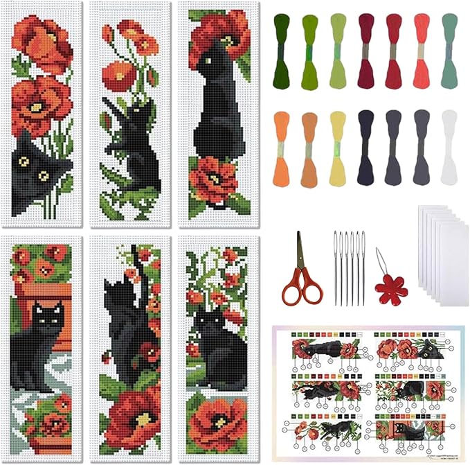 FREEBLOSS 6Pcs Cross Stitch Bookmark Kits Cat Stamped Embroidery Bookmarks by FreeandCreativeCraftsArt