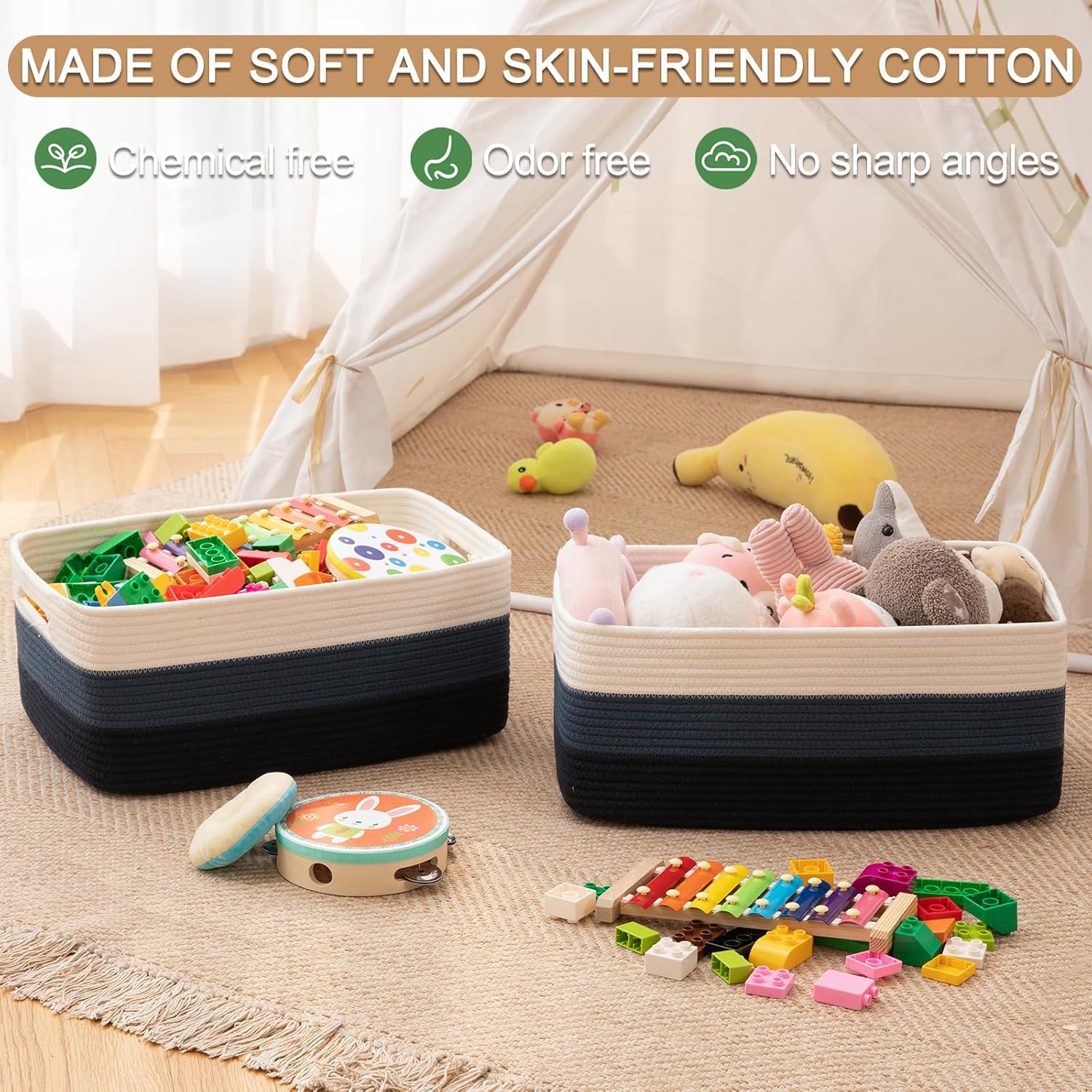 Large Storage Basket for Organizing, Woven Rope Basket for Shelves, Closet Organizer Bins for Clothes, Blanket, Toys, Baby Nursery Storage, 17.7" x 13" x 7.87", 2 Packs Gradient Blue