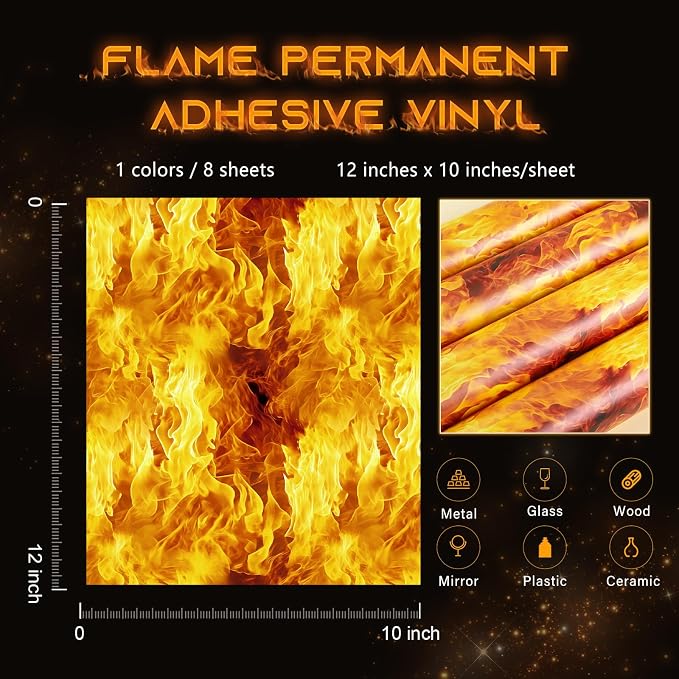 Tintnut Flame Pattern Permanent Vinyl 8 Pcs 12x10in Gold Adhesive Viny | - Image 2
