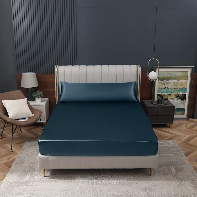 Homiest Deep Sea Blue Satin Fitted Sheet Twin Size, Deep Pocket, Luxury & Ultra - Image 8