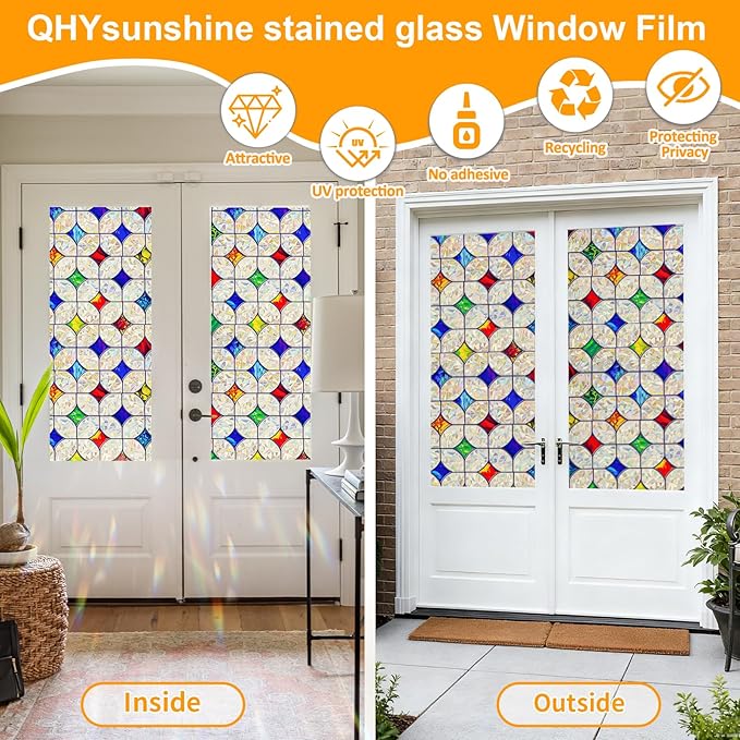 QHY Sunshine Colorful Rainbow Stained Glass Window Film Non-Adhesive Window - Image 5