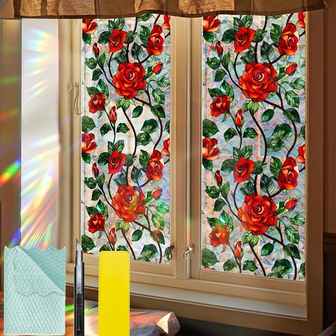 Bloss Rose Stained Glass Windows Film 17x78.7Inch 3D Flower Privacy Window Film by Bloss