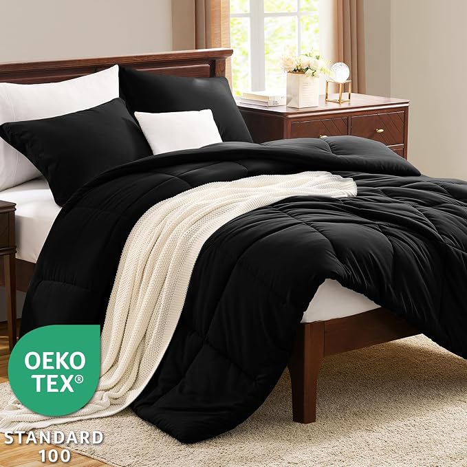 CozyLux Oversized King Comforter Set, 3 Pieces Black 120x98 Box Stitched Design - Image 3
