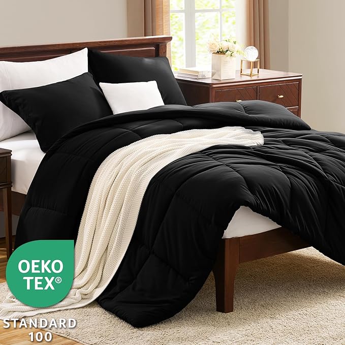 CozyLux Super King Plus Comforter Set, 3 Pieces Black 128x120 Box Stitched - Image 3