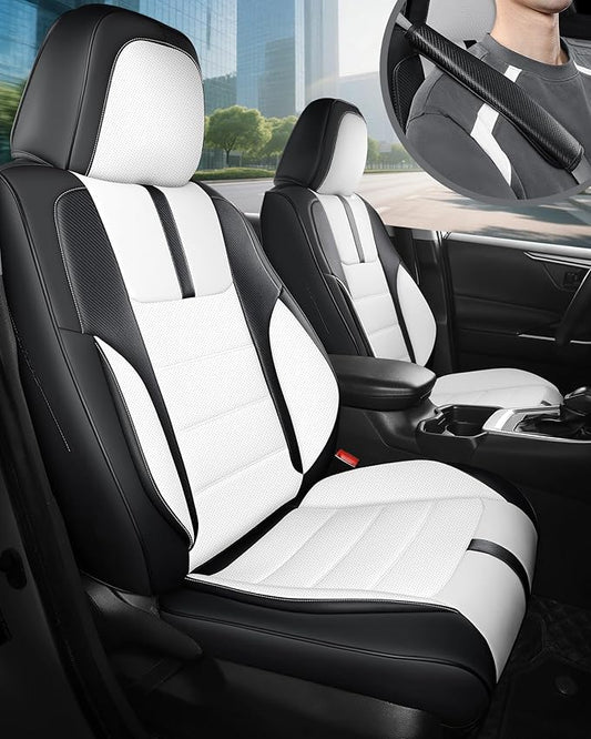 FREESOO Black White Car Seat Covers Full Set - Faux Nappa Leather Seat Covers for Cars, with Front Seatbelt Pads, Cute Breathable Cushion Protectors Fit for Most 5 Seats Sedans SUV Hatchbacks Trucks