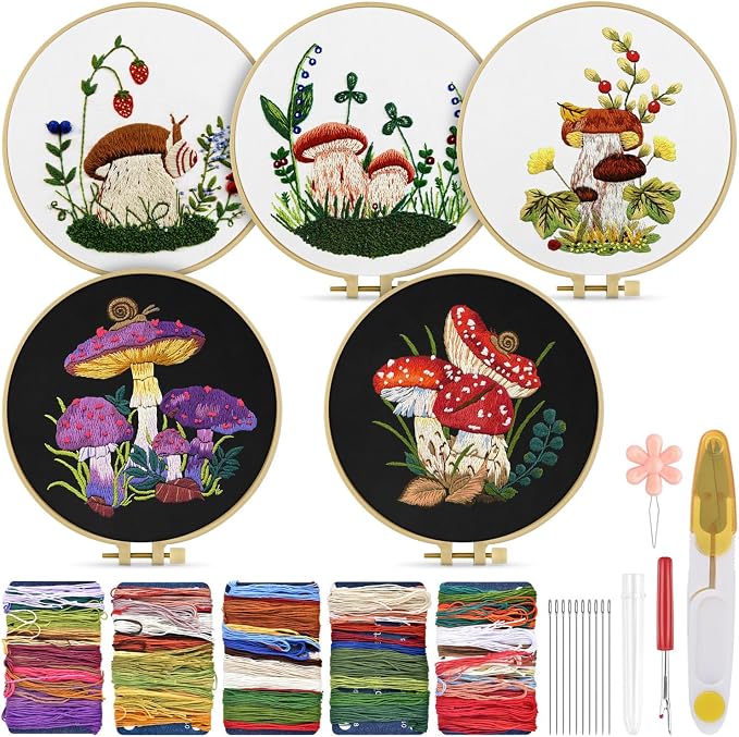 Embroidery Kit for Adult, 5 Sets Mushroom Embroidery Kit for Beginners | by TINDTOP