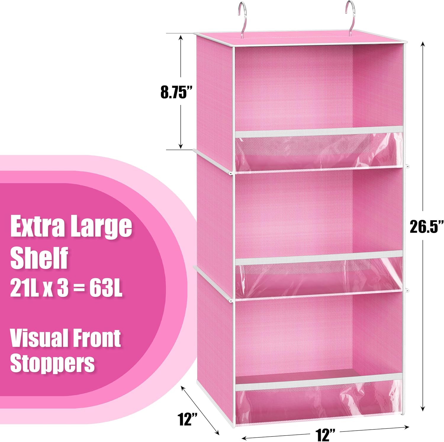 Simple Houseware 3 Shelf Hanging Closet Organizer with Front Stopper, Pink