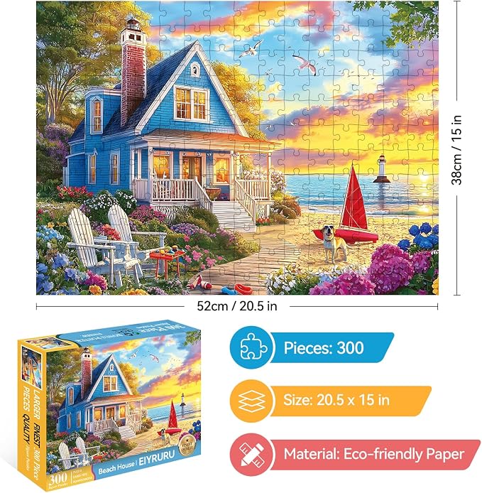 300 Piece Jigsaw Puzzle for Adults – Charming Beach House, Sailboat & Playful - Image 2
