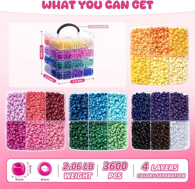 Simetufy 3600Pcs Pony Beads 24 Colors 6x9mm Kandi Beads - Image 3