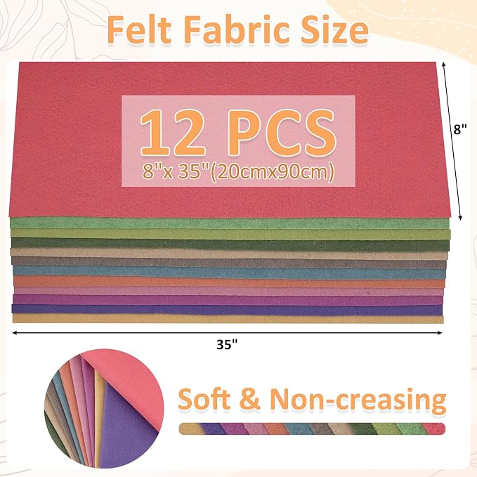 XSEINO 12 Rolls 8"x35" 1.4mm Thick Soft Felt Fabric Sheet 12 Assorted Morandi - Image 3