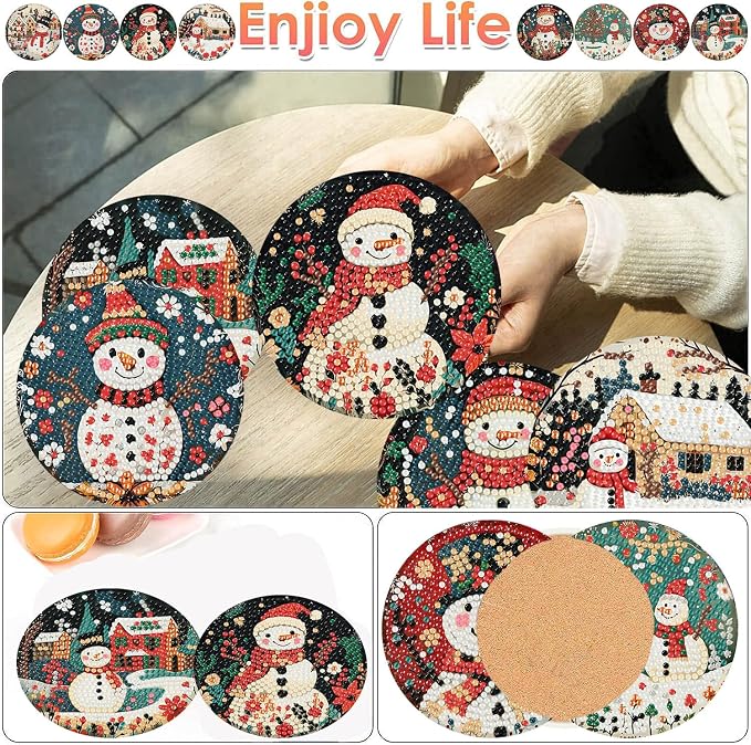 ijbnhd 8 PCS Diamond Art Coasters, Christmas Snowman Cork Wooden Pad | Diamond - Image 2