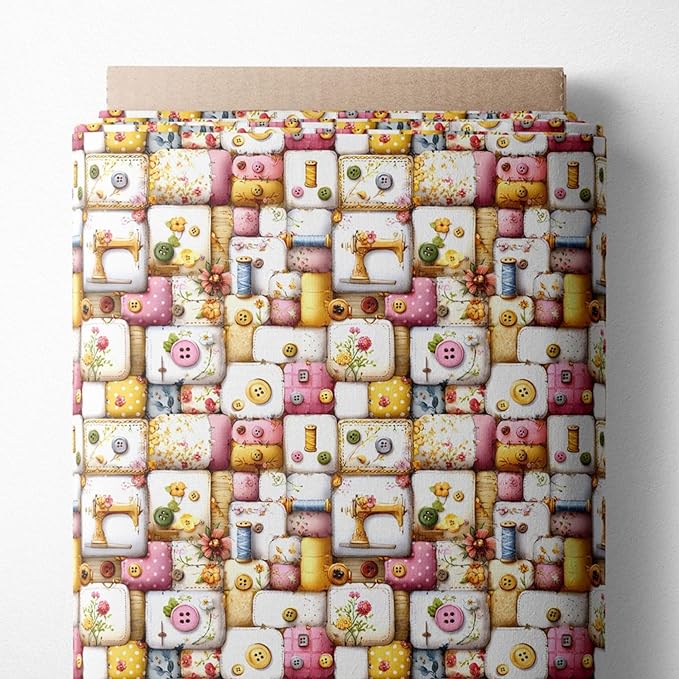 Vintage Sewing Notions Patchwork Cotton Fabric Panel 61 x 36.6 Inches, Buttons by FabricsTown