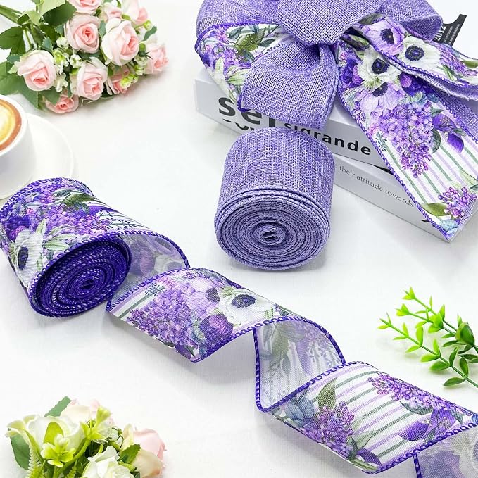 2.5 Inch Purple Floral Wired Edge Ribbon, Decorative Fabric Craft Ribbon - Image 2