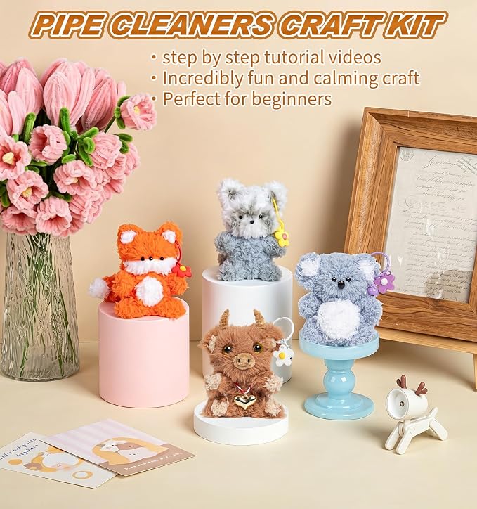 pindda Fluffy Pipe Cleaner Craft Kits, Includes Brown Cow and Fox Crafts - Image 5