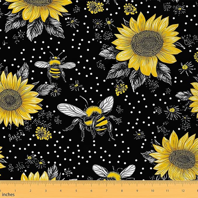 Feelyou Sunflower Fabric by The Yard, Cute Bees Floral Upholstery Fabric by Feelyou