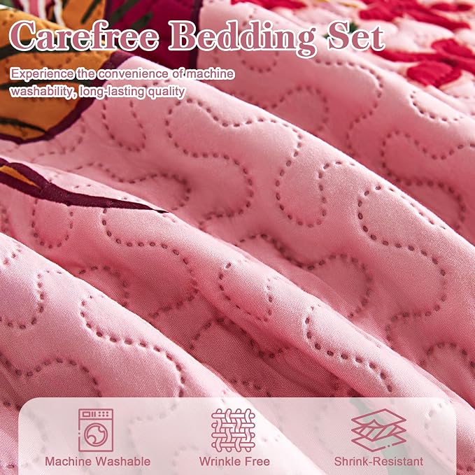 Tyrot 3 Piece Pink Boho Floral Full/Queen Quilt Sets Farmhouse Botanical - Image 7