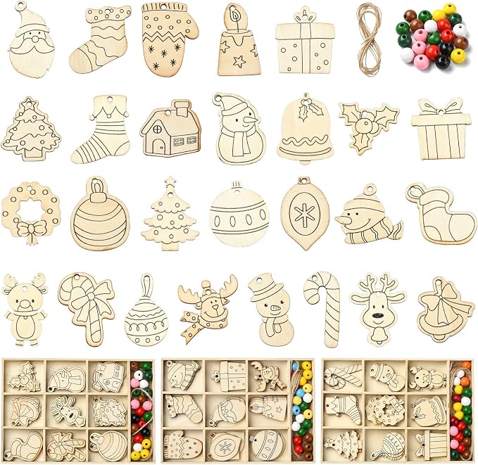 81 pcs 27 Styles Christmas Theme Unfinished Wooden Cutout Charms Snowman Winter by Gythara