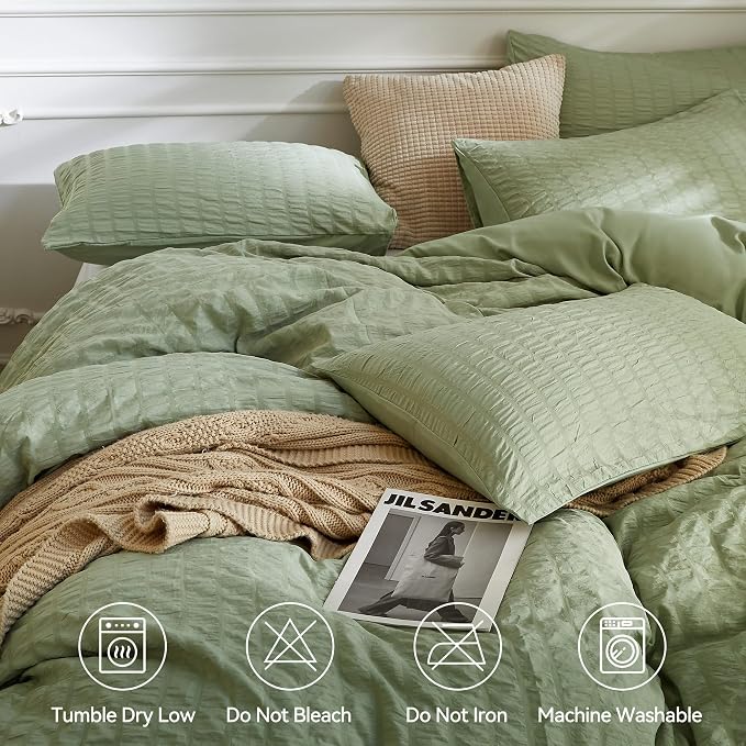 JELLYMONI Light Green Duvet Cover King Size, Soft Breathable Seersucker Duvet - Image 4