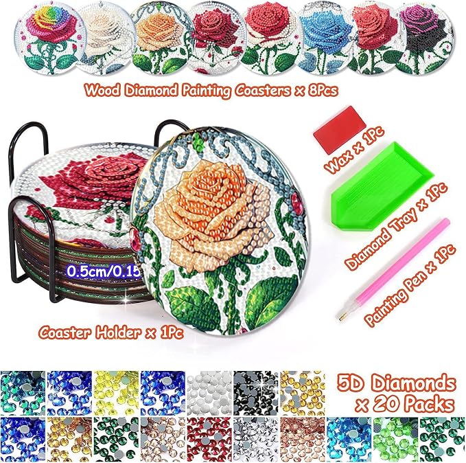 Axquilono 8 Pcs Rose Diamond Art Coasters Kit - Image 2