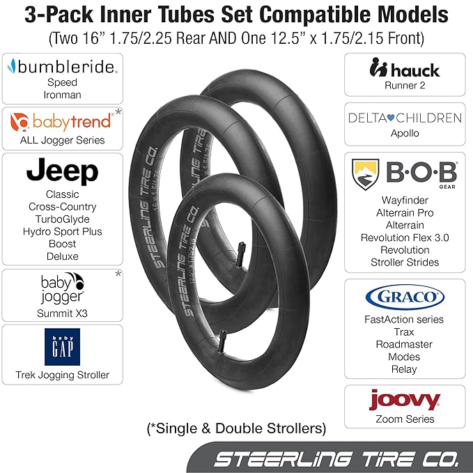 Two 16'' x 1.5/1.75 & One 12.5'' x 1.75/2.15 [3-Pack] Extra Thick Inner Tire Tube for BOB Revolution Strollers & Stroller Strides - Best BOB Stroller Tire Replacement Set by Steerling Tire Co.