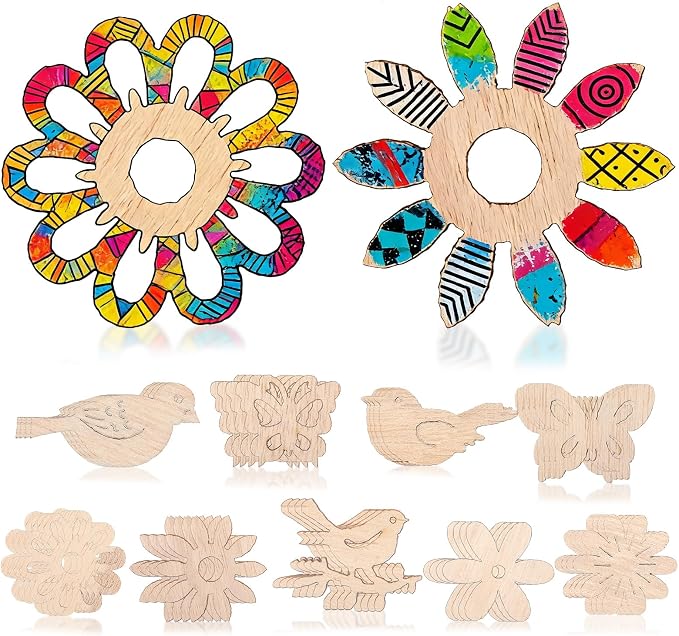 Amosfun 100PCS Wooden Cutouts for Crafts, Unfinished Wood Flowers Bird and by Amosfun